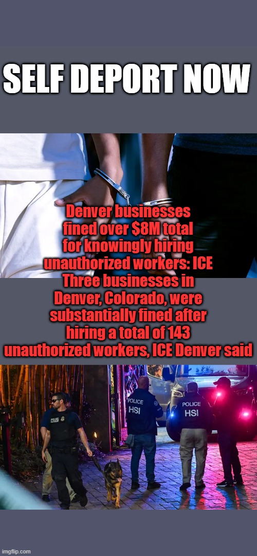 SELF DEPORT NOW; Denver businesses fined over $8M total for knowingly hiring unauthorized workers: ICE
Three businesses in Denver, Colorado, were substantially fined after hiring a total of 143 unauthorized workers, ICE Denver said | made w/ Imgflip meme maker