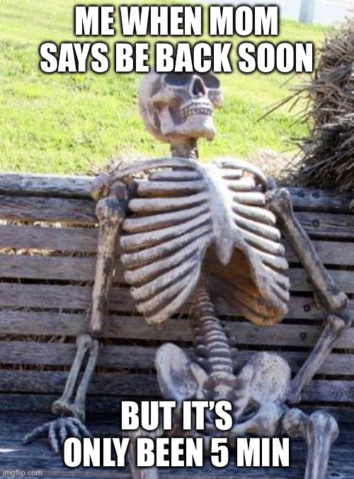 Waiting Skeleton | ME WHEN MOM SAYS BE BACK SOON; BUT IT’S ONLY BEEN 5 MIN | image tagged in memes,waiting skeleton | made w/ Imgflip meme maker