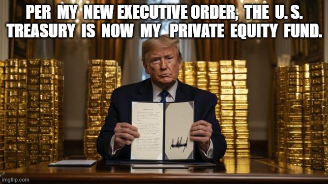 The Real Steal | PER  MY  NEW EXECUTIVE ORDER,  THE  U. S. TREASURY  IS  NOW  MY   PRIVATE  EQUITY  FUND. | image tagged in gangster baby | made w/ Imgflip meme maker