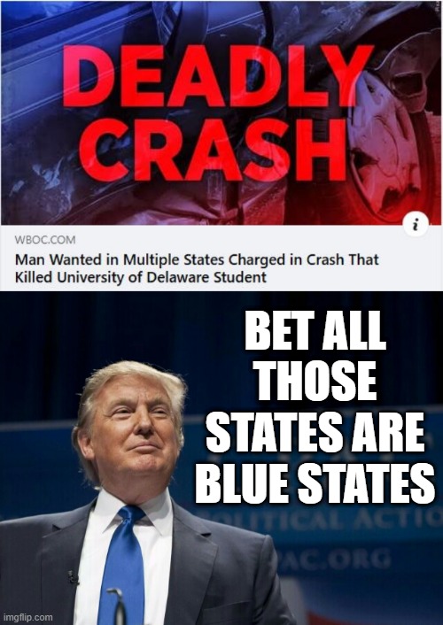 Wanted Criminal | BET ALL THOSE STATES ARE BLUE STATES | image tagged in smirking donald trump | made w/ Imgflip meme maker