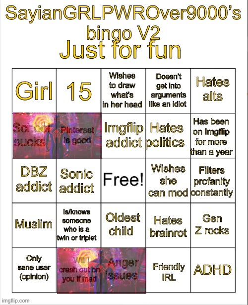 SayianGRLPWROver9000’s bingo V2 | image tagged in sayiangrlpwrover9000 s bingo v2 | made w/ Imgflip meme maker