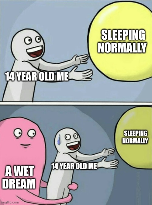 Obligated involuntary porno | SLEEPING NORMALLY; 14 YEAR OLD ME; SLEEPING NORMALLY; 14 YEAR OLD ME; A WET DREAM | image tagged in memes,running away balloon,wet dream,sleep | made w/ Imgflip meme maker