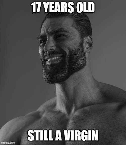 HELL YEAH I SHOULD POST THIS To IMGFLIP | 17 YEARS OLD; STILL A VIRGIN | image tagged in giga chad | made w/ Imgflip meme maker