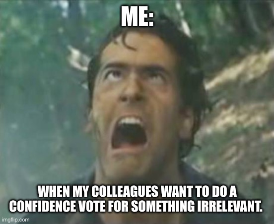 Confidence vote | ME:; WHEN MY COLLEAGUES WANT TO DO A CONFIDENCE VOTE FOR SOMETHING IRRELEVANT. | image tagged in agony ash - evil dead,confidence,vote,agile,scrum | made w/ Imgflip meme maker