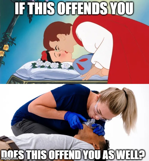 Some people get offended by the wrong things | IF THIS OFFENDS YOU; DOES THIS OFFEND YOU AS WELL? | image tagged in snow white,disney princess,cpr,rescue breathing,kiss,consent | made w/ Imgflip meme maker