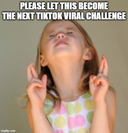 fingers crossed | PLEASE LET THIS BECOME THE NEXT TIKTOK VIRAL CHALLENGE | image tagged in fingers crossed | made w/ Imgflip meme maker