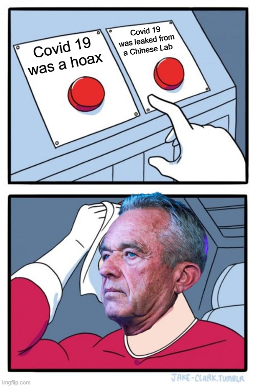 Continue Which Narrative? | Covid 19 was leaked from a Chinese Lab; Covid 19 was a hoax | image tagged in memes,two buttons | made w/ Imgflip meme maker