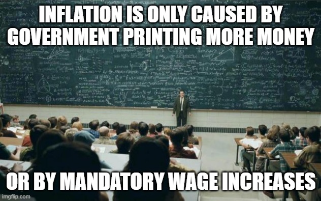 Professor in front of class | INFLATION IS ONLY CAUSED BY GOVERNMENT PRINTING MORE MONEY OR BY MANDATORY WAGE INCREASES | image tagged in professor in front of class | made w/ Imgflip meme maker