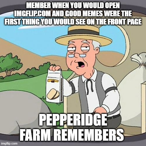 The update cooked Imgflip | MEMBER WHEN YOU WOULD OPEN IMGFLIP.COM AND GOOD MEMES WERE THE FIRST THING YOU WOULD SEE ON THE FRONT PAGE; PEPPERIDGE FARM REMEMBERS | image tagged in memes,pepperidge farm remembers,imgflip | made w/ Imgflip meme maker