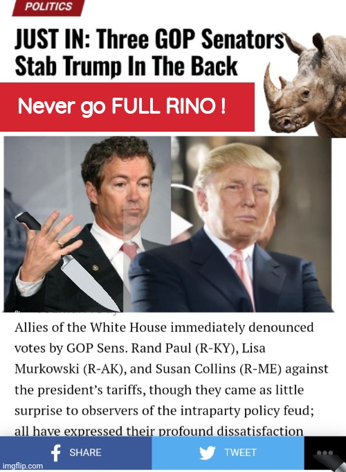 Rand Paul stabs Orange Man in the back | Never go FULL RINO ! | image tagged in rand paul,backstabber,trump,rhino | made w/ Imgflip meme maker