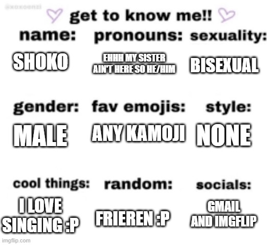 :/ | EHHH MY SISTER AIN'T HERE SO HE/HIM; SHOKO; BISEXUAL; NONE; MALE; ANY KAMOJI; I LOVE SINGING :P; FRIEREN :P; GMAIL AND IMGFLIP | made w/ Imgflip meme maker