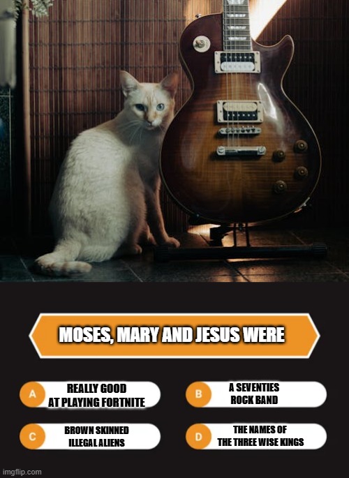 This #lolcat wonders if hoo-mens realize who Moses, Mary and Jesus really were | MOSES, MARY AND JESUS WERE; A SEVENTIES 
ROCK BAND; REALLY GOOD 
AT PLAYING FORTNITE; THE NAMES OF 
THE THREE WISE KINGS; BROWN SKINNED 
ILLEGAL ALIENS | image tagged in moses,jesus,mary,lolcat | made w/ Imgflip meme maker