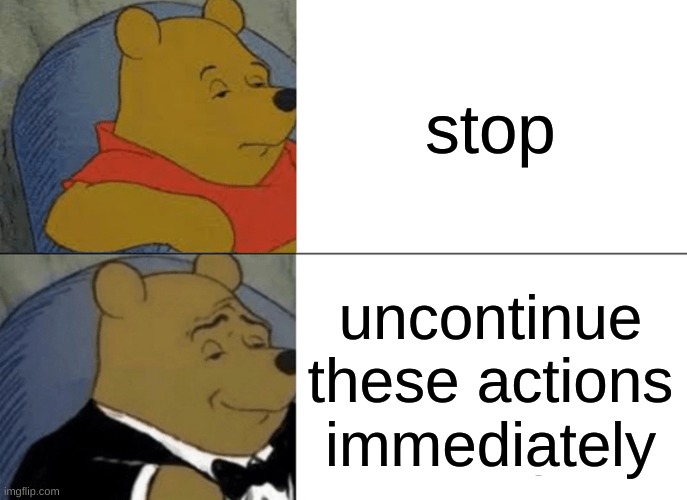 fancy | stop; uncontinue these actions immediately | image tagged in memes,tuxedo winnie the pooh | made w/ Imgflip meme maker