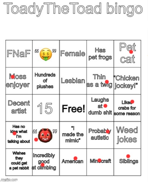 ToadyTheToad Bingo | image tagged in toadythetoad bingo | made w/ Imgflip meme maker