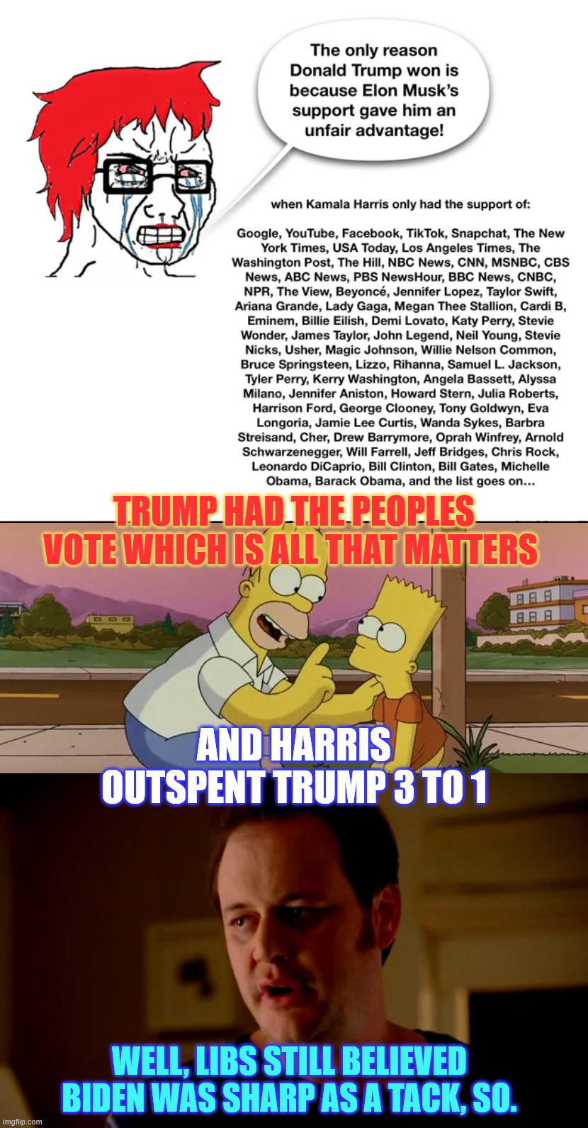 Trump had the peoples vote which is all that matters | TRUMP HAD THE PEOPLES VOTE WHICH IS ALL THAT MATTERS; AND HARRIS OUTSPENT TRUMP 3 TO 1; WELL, LIBS STILL BELIEVED BIDEN WAS SHARP AS A TACK, SO. | image tagged in libs,hate,elon musk,musk supports free speech | made w/ Imgflip meme maker