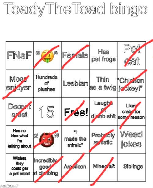 ToadyTheToad Bingo | image tagged in toadythetoad bingo | made w/ Imgflip meme maker