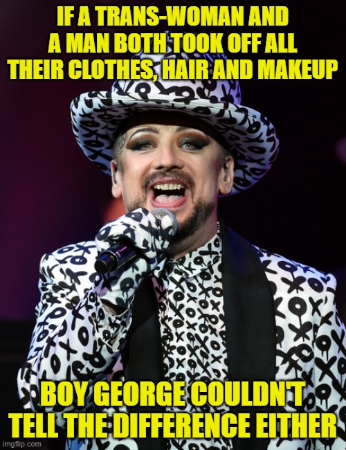 Boy george | IF A TRANS-WOMAN AND A MAN BOTH TOOK OFF ALL THEIR CLOTHES, HAIR AND MAKEUP BOY GEORGE COULDN'T TELL THE DIFFERENCE EITHER | image tagged in boy george | made w/ Imgflip meme maker