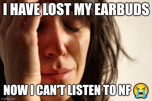 First World Problems | I HAVE LOST MY EARBUDS; NOW I CAN'T LISTEN TO NF 😭 | image tagged in memes,first world problems | made w/ Imgflip meme maker