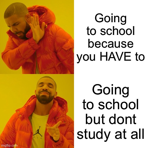 Drake Hotline Bling | Going to school because you HAVE to; Going to school but dont study at all | image tagged in memes,drake hotline bling | made w/ Imgflip meme maker