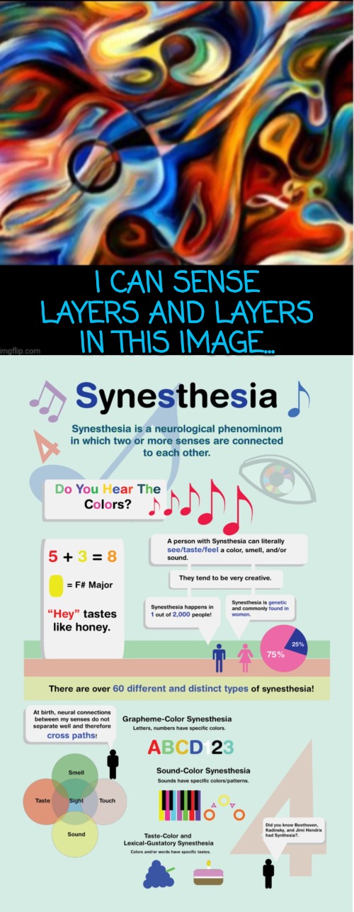 Synesthesia Is My Jam! | I CAN SENSE LAYERS AND LAYERS IN THIS IMAGE... | image tagged in synesthesia,spectrum,asd,neurodivergence | made w/ Imgflip meme maker