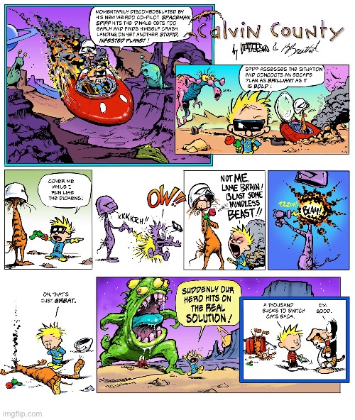 image tagged in calvin and hobbes,calvin county,bloom county,spaceman spiff,bill the cat,opus | made w/ Imgflip meme maker
