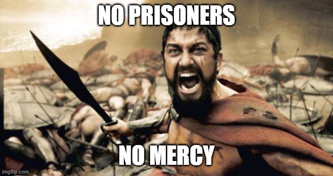 No prisoners, no mercy! | NO PRISONERS; NO MERCY | image tagged in memes,sparta leonidas | made w/ Imgflip meme maker