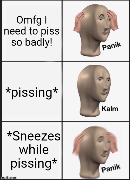 For men only? | Omfg I need to piss so badly! *pissing*; *Sneezes while pissing* | image tagged in memes,panik kalm panik,piss,sneeze,sneezing | made w/ Imgflip meme maker