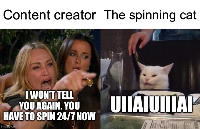 UIIAIUIIIAI | Content creator; The spinning cat; I WON’T TELL YOU AGAIN. YOU HAVE TO SPIN 24/7 NOW; UIIAIUIIIAI | image tagged in memes,woman yelling at cat | made w/ Imgflip meme maker