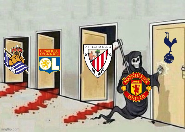 Athletic 0 Yanited 3 | Man United almost into the final right in Bilbao | image tagged in grim reaper 4 doors,man united,manchester united,yanited,europa league,footy | made w/ Imgflip meme maker