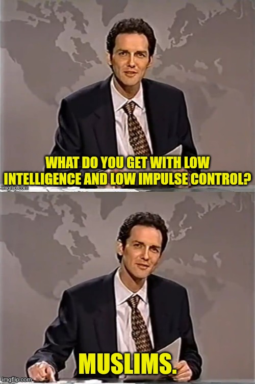 WEEKEND UPDATE WITH NORM | WHAT DO YOU GET WITH LOW INTELLIGENCE AND LOW IMPULSE CONTROL? MUSLIMS. | image tagged in weekend update with norm | made w/ Imgflip meme maker