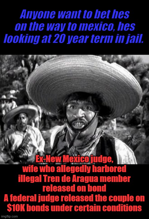 GIVE him and Wifey 20 flat | Anyone want to bet hes on the way to mexico, hes looking at 20 year term in jail. Ex-New Mexico judge, wife who allegedly harbored illegal Tren de Aragua member released on bond
A federal judge released the couple on $10K bonds under certain conditions | made w/ Imgflip meme maker
