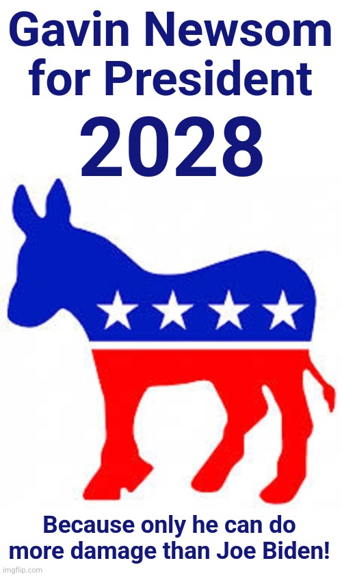 Democrat donkey | Gavin Newsom for President Because only he can do more damage than Joe Biden! 2028 | image tagged in democrat donkey | made w/ Imgflip meme maker