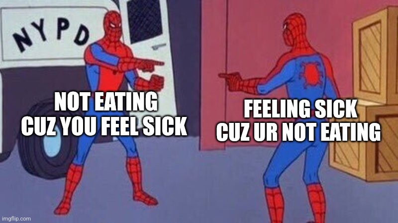 So true | NOT EATING CUZ YOU FEEL SICK; FEELING SICK CUZ UR NOT EATING | image tagged in spiderman pointing at spiderman | made w/ Imgflip meme maker