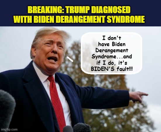 He's Not Well... | BREAKING: TRUMP DIAGNOSED WITH BIDEN DERANGEMENT SYNDROME; I don't have Biden Derangement Syndrome...and if I do, it's BIDEN'S fault!!! | image tagged in impeach trump,donald trump memes,government corruption,trump is a moron | made w/ Imgflip meme maker