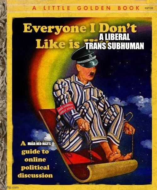 A toddler makes better points than any of these MAGA asshats | A LIBERAL TRANS SUBHUMAN; MAGA NEO-NAZI’S | image tagged in everyone i don't like is hitler book | made w/ Imgflip meme maker