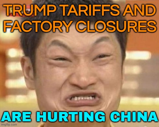 Trump Tariffs And Factory Closures Are Hurting China | TRUMP TARIFFS AND
FACTORY CLOSURES; ARE HURTING CHINA | image tagged in impossibru,tariffs,donald trump,trade,communism and capitalism,made in china | made w/ Imgflip meme maker