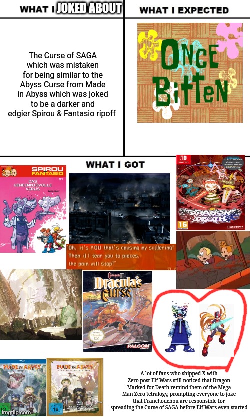 What I Watched/ What I Expected/ What I Got | JOKED ABOUT; The Curse of SAGA which was mistaken for being similar to the Abyss Curse from Made in Abyss which was joked to be a darker and edgier Spirou & Fantasio ripoff; A lot of fans who shipped X with Zero post-Elf Wars still noticed that Dragon Marked for Death remind them of the Mega Man Zero tetralogy, prompting everyone to joke that Franchouchou are responsible for spreading the Curse of SAGA before Elf Wars even started | image tagged in what i watched/ what i expected/ what i got,made in abyss,megaman zero,zombieland saga,curse | made w/ Imgflip meme maker
