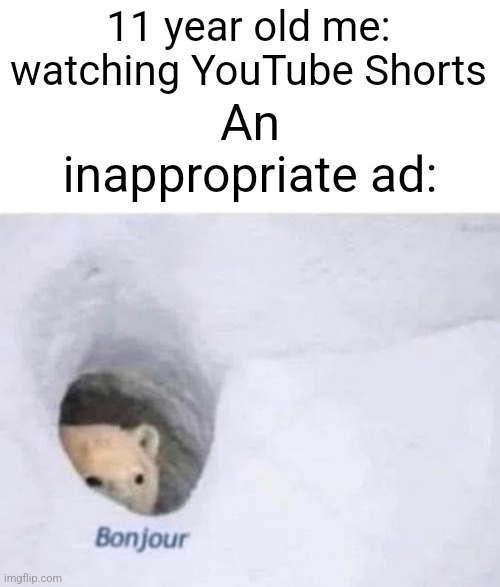 ??? | 11 year old me: watching YouTube Shorts; An inappropriate ad: | image tagged in bonjour | made w/ Imgflip meme maker