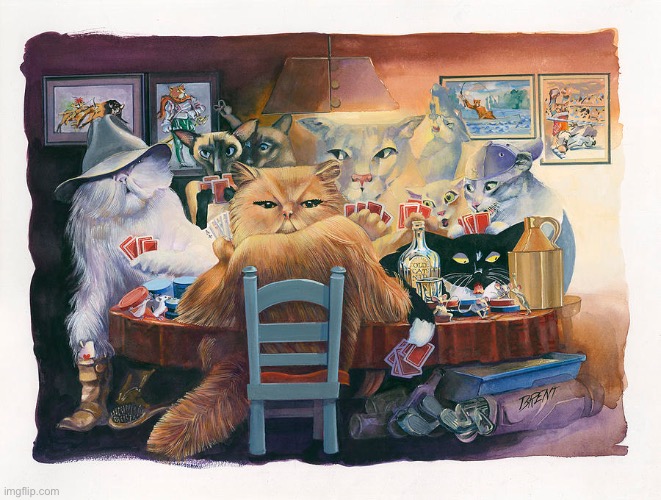 If dogs can play poker so can cats… | image tagged in cats,playing poker,cards,dealer | made w/ Imgflip meme maker