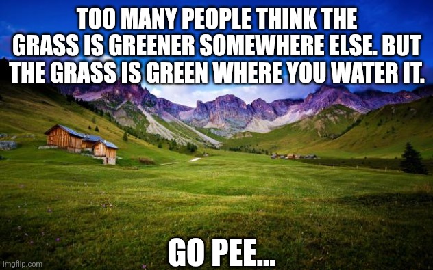 peaceful-landscape | TOO MANY PEOPLE THINK THE GRASS IS GREENER SOMEWHERE ELSE. BUT THE GRASS IS GREEN WHERE YOU WATER IT. GO PEE... | image tagged in peaceful-landscape | made w/ Imgflip meme maker