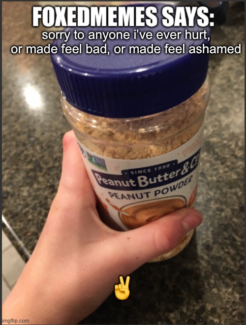 foxedmemes template | sorry to anyone i’ve ever hurt, or made feel bad, or made feel ashamed; ✌️ | image tagged in foxedmemes template | made w/ Imgflip meme maker