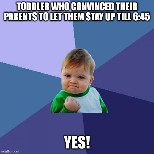 Success Kid Meme | TODDLER WHO CONVINCED THEIR PARENTS TO LET THEM STAY UP TILL 6:45; YES! | image tagged in memes,success kid | made w/ Imgflip meme maker