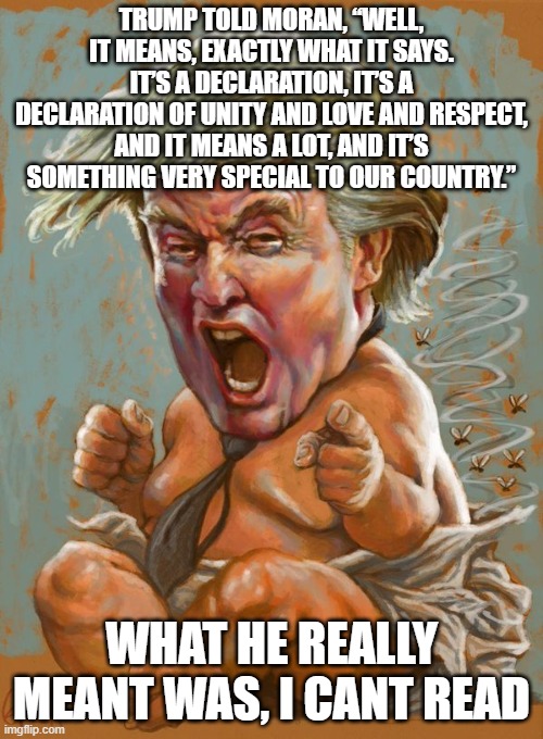 BLINKY. ask Xi and "stop" Putin.. | TRUMP TOLD MORAN, “WELL, IT MEANS, EXACTLY WHAT IT SAYS. IT’S A DECLARATION, IT’S A DECLARATION OF UNITY AND LOVE AND RESPECT, AND IT MEANS A LOT, AND IT’S SOMETHING VERY SPECIAL TO OUR COUNTRY.”; WHAT HE REALLY MEANT WAS, I CANT READ | image tagged in trump baby infant full diaper | made w/ Imgflip meme maker