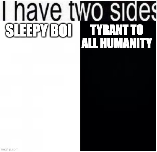 me off my meds be like | SLEEPY BOI; TYRANT TO ALL HUMANITY | image tagged in i have two sides,adhd | made w/ Imgflip meme maker