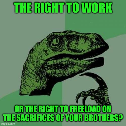Philosoraptor | THE RIGHT TO WORK; OR THE RIGHT TO FREELOAD ON THE SACRIFICES OF YOUR BROTHERS? | image tagged in memes,philosoraptor | made w/ Imgflip meme maker