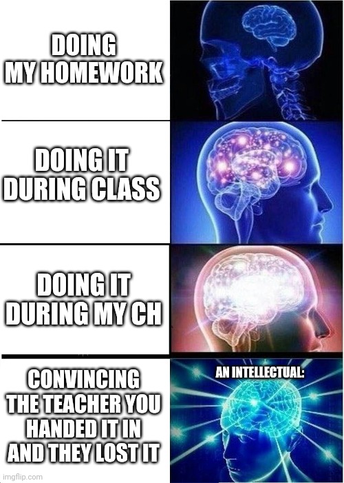 Expanding Brain | DOING MY HOMEWORK; DOING IT DURING CLASS; DOING IT DURING MY CH; CONVINCING THE TEACHER YOU HANDED IT IN AND THEY LOST IT; AN INTELLECTUAL: | image tagged in memes,expanding brain | made w/ Imgflip meme maker