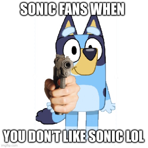 Bluey Has A Gun | SONIC FANS WHEN; YOU DON’T LIKE SONIC LOL | image tagged in bluey has a gun | made w/ Imgflip meme maker