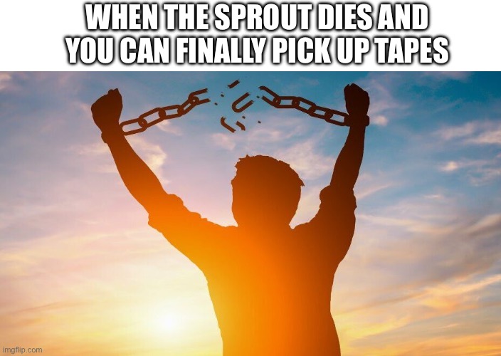 WARRR IS OVERRRR | WHEN THE SPROUT DIES AND YOU CAN FINALLY PICK UP TAPES | image tagged in breaking chains | made w/ Imgflip meme maker