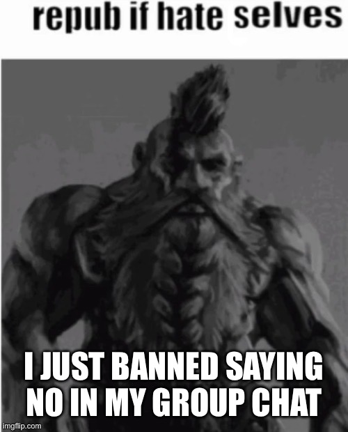 Repost if hate selves (dwarf version) | I JUST BANNED SAYING NO IN MY GROUP CHAT | image tagged in repost if hate selves dwarf version | made w/ Imgflip meme maker