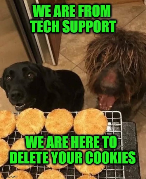 WE ARE FROM 
TECH SUPPORT; WE ARE HERE TO 
DELETE YOUR COOKIES | image tagged in doggo | made w/ Imgflip meme maker